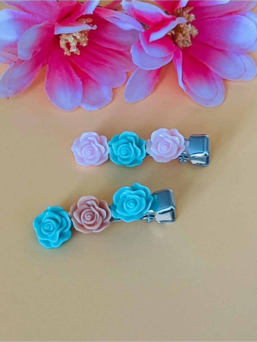 Resin Floral Hair Clips - Pink, Green, and Brown